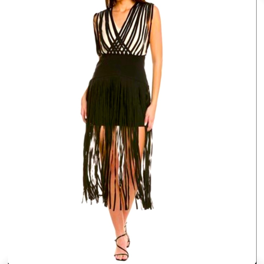 Black and Nude Cocktail Dress with Plunge Neckline